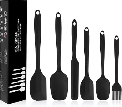 Silicone Spatulas Set of 6, Rubber Spoon Spatula Heat Resistant Spoonula One Piece Design Seamless Spatula Non-Stick Scrapers Baking Mixing Tool Black