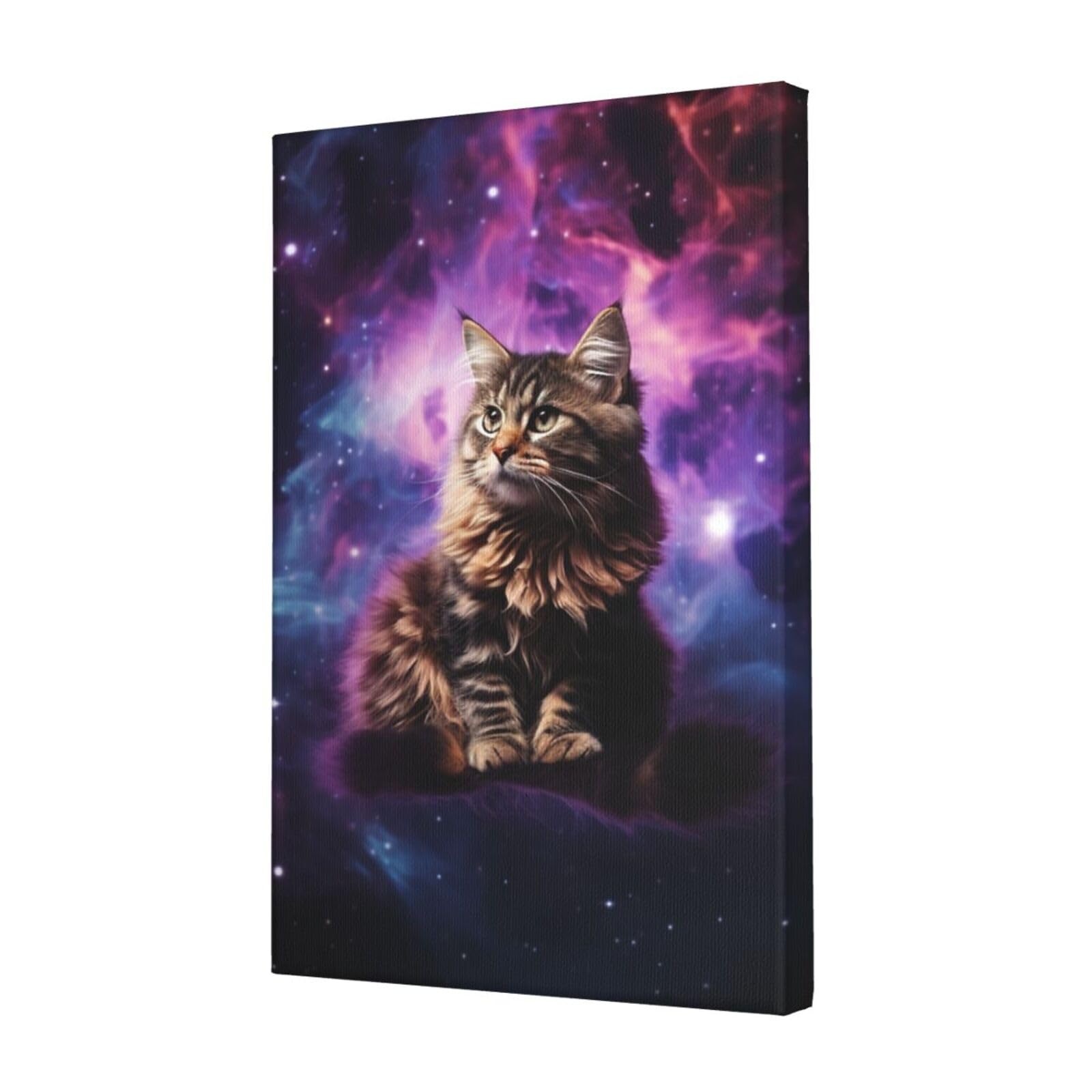 KLOPH Cat sitting inside nebula Canvas Wall Art for Living Room 12"x18" Modern Artwork Painting for Bathroom Hanging Canvas Prints Aesthetic Wallart for Bedroom Kitchen Office Wall Decor