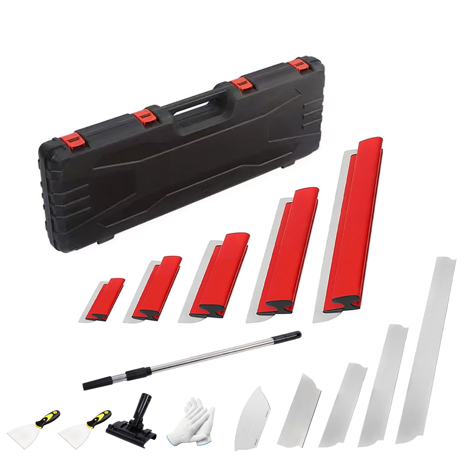 Flächenspachtel Set Profi im Koffer, Spachtel Set Werkzeug mit 0,8-1,32 m Teleskopstange, Beinhaltet Spachtel in den Längen 15/25/40/60/80cm und Ersatzklingen Edelstahl, 16-Pcs Spachtelset