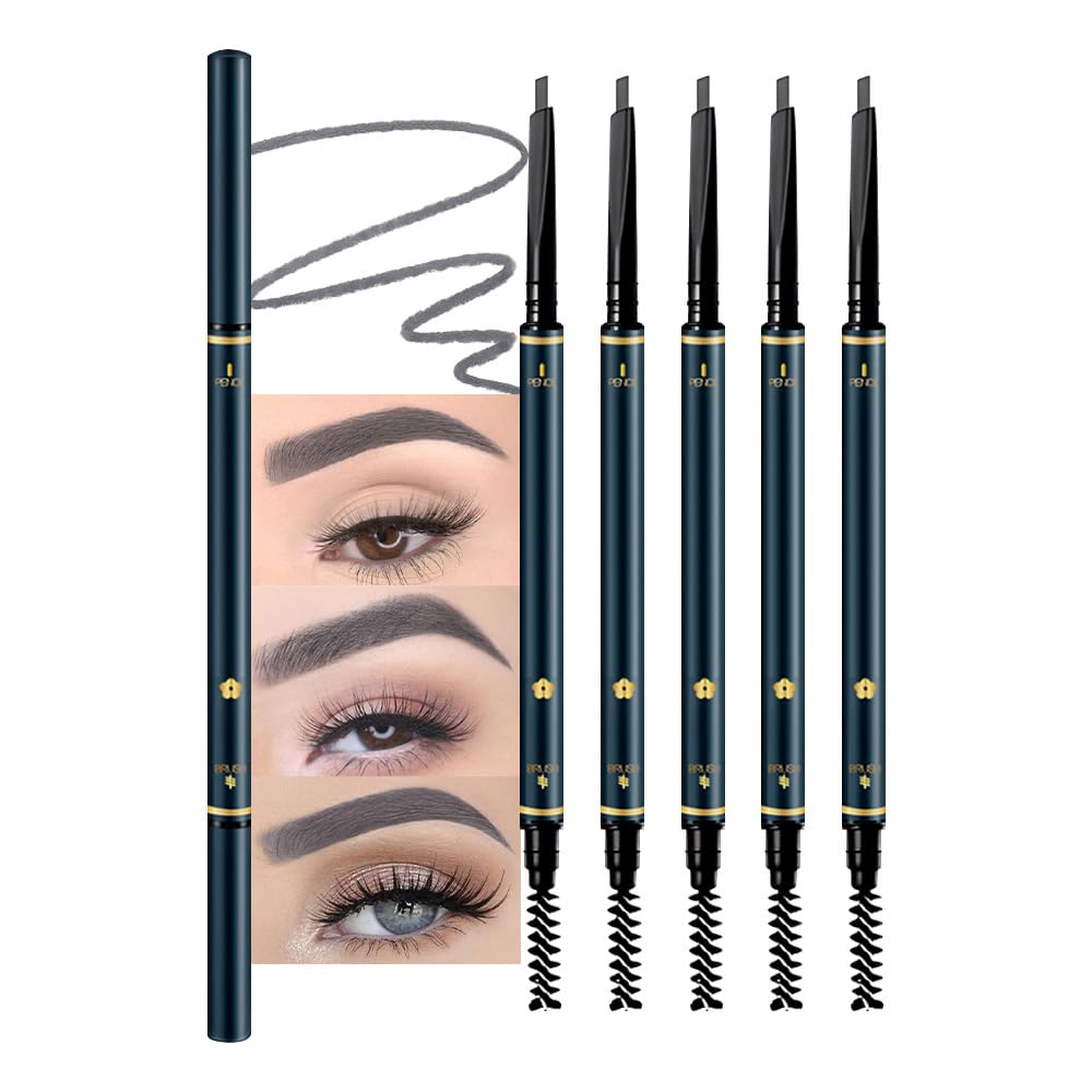 FeiCuiYun 5 Pcs Eyebrow Pencils for Women, Waterproof Professional Makeup Micro Brow Pencil, Grey Brow Kit with Eyebrow Brush, Ultra-Fine Mechanical Pencil, Vegan&Cruelty-Free (C04#Grey)