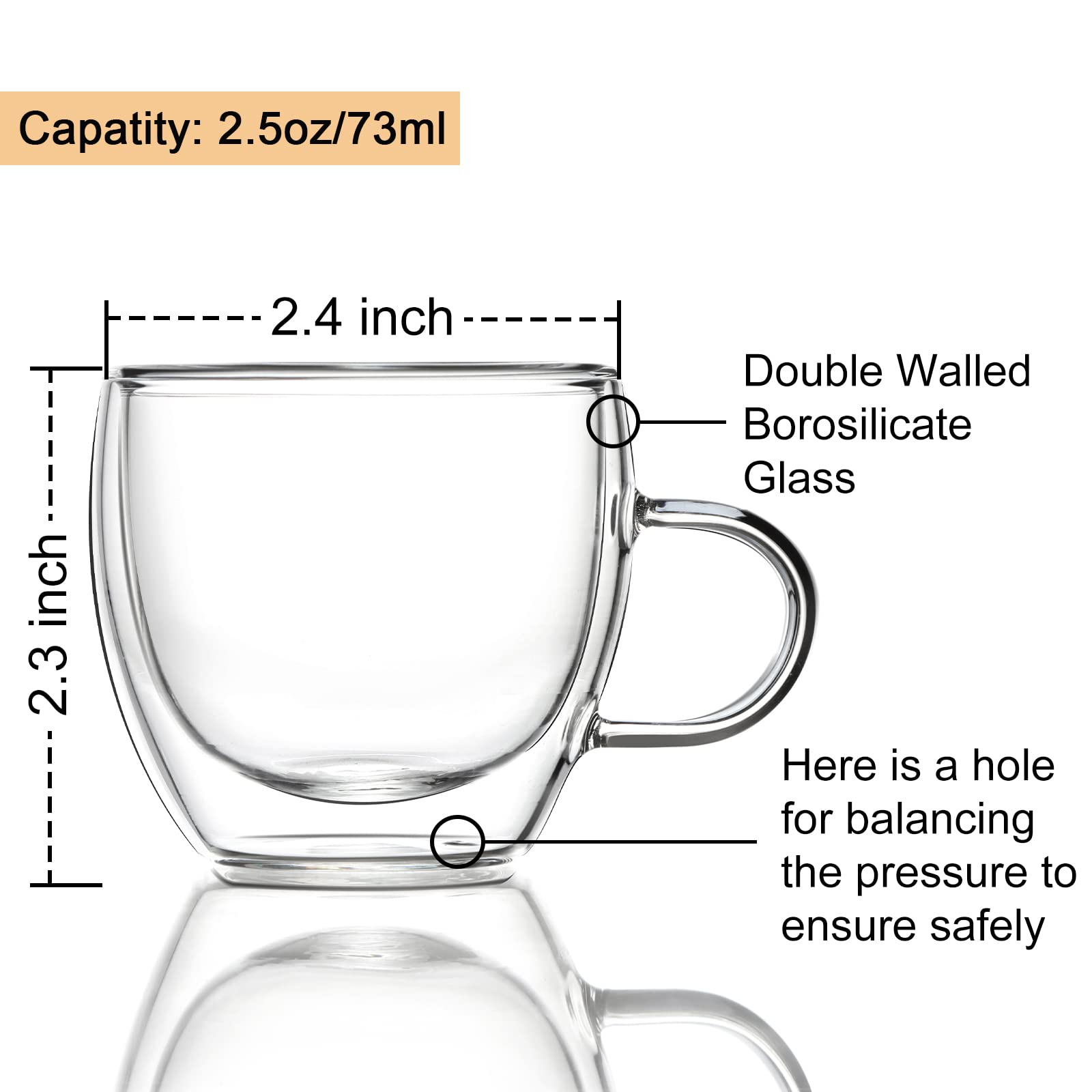 Large Coffee Tea Mugs Double Wall Insulated Cups with Handle for Espresso Latte Cappuccino Milk Stackable Glassware (71ml, Pack of 2) 1