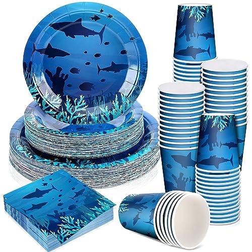 Marsui 200 Pieces Shark Birthday Party Supplies Shark Tableware Set Patterns Printed Plates Napkins Cups Table Decorations for Birthday Parties Under the Sea Events and Summer Celebrations by Marsui - Used condition - US$24.58