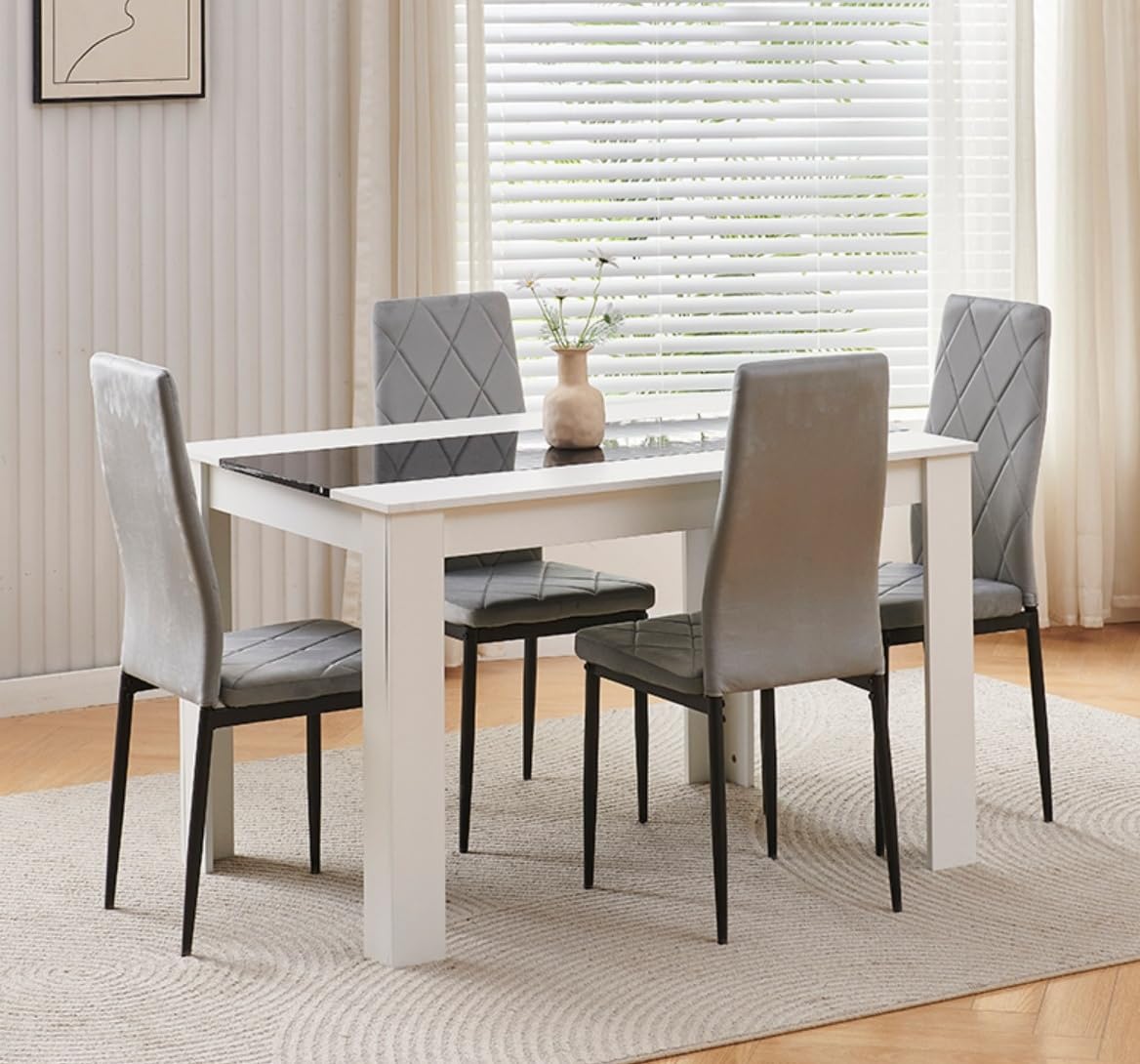 Menaka Wood Dining Table and Chairs Set of 4, Small Rectangular Kitchen Dinner Table with 4 Seaters (argyle grid grey velvet chairs, 120m line table, 4 seaters)