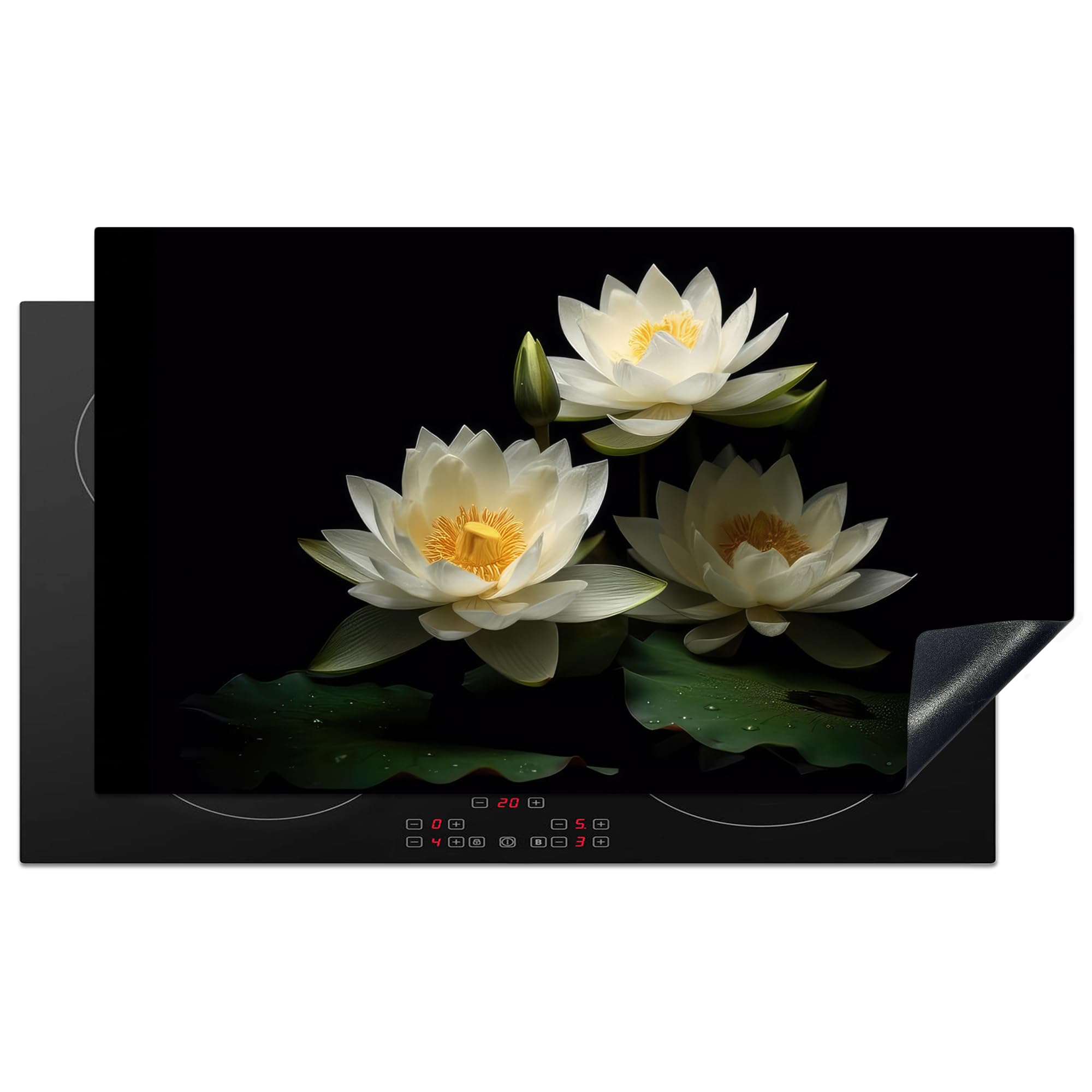 KitchenYeah© Induction Hob Cover Protector Mat 20.3"x35.3" / 89.6x51.6 cm Kitchen Universal Ceramic Covers for Electric Cookers Vinyl Lotus - Flowers - White - Nature - Black