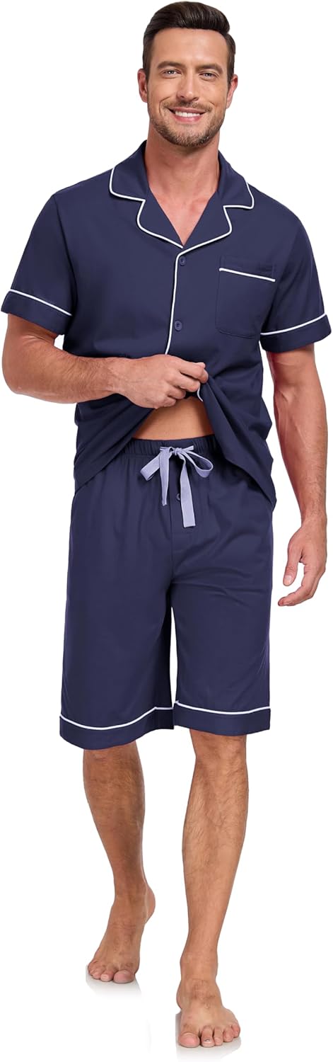 COLORFULLEAF 100% Cotton Men's Pajamas Set Short Sleeve Sleepwear for Men Soft Button Down Loungewear with Pockets - Image 4