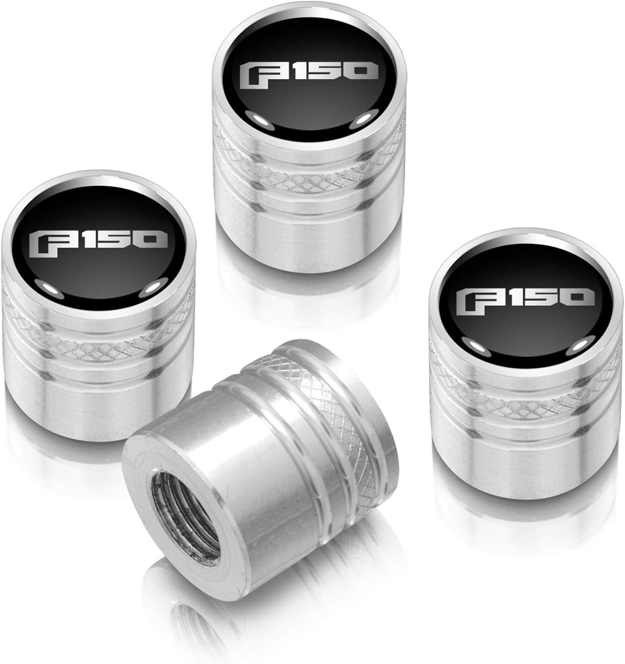 iPick Image for Ford F-150 2015 up in Black on Silver Cylinder-Style Aluminum Tire Valve Stem Caps - Official Licensed