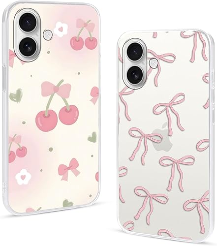 Stradvnaly 2 Pièces Transparent Coque pour iPhone 16 6,1",Cartoon Doux Arc Noeud