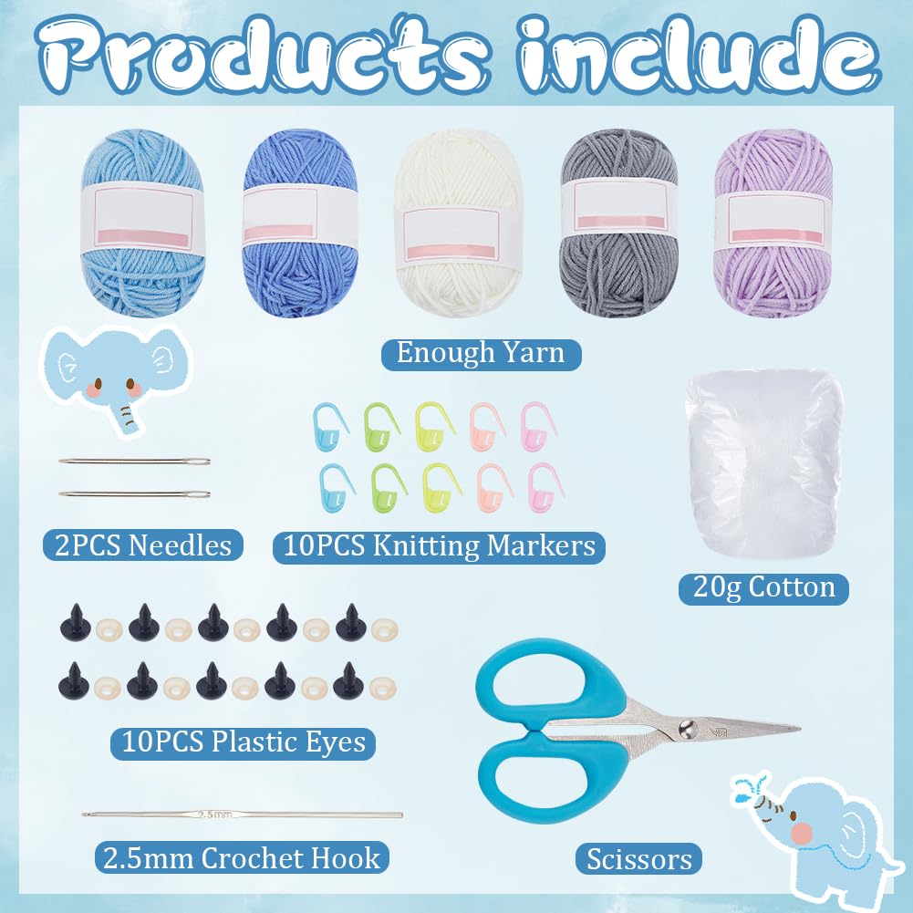 FREEBLOSS 5 Set Häkelset Häkelelefant, Häkeltiere Set Für Anfänger Mit Video Tutorials, Häkel Starter Set, Häkelgarn Und Haken Set Für Anfänger, Strickset als Geschenk