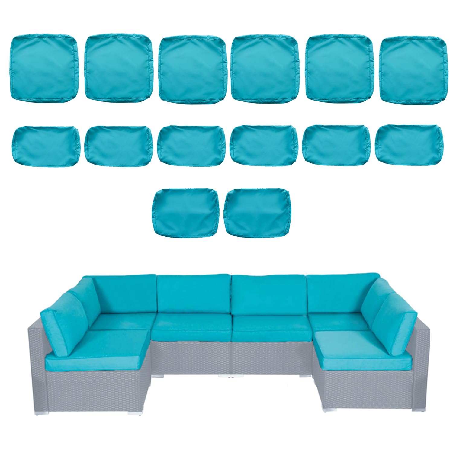 kinbor 14 Piece Patio Cushion Covers Replacement - Outdoor Couch Cushion Slipcovers with Zipper for Sectional Sofa Furniture Set, Washable Outdoor Covers Only (Turquoise)