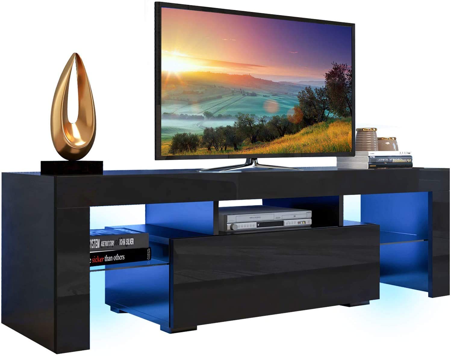 AUTSCA TV Stand for 55 inch TVs, Entertainment Center with LED Lights Blue Colored, Living Room Console Table with Storage Cabinet and Open Shelves