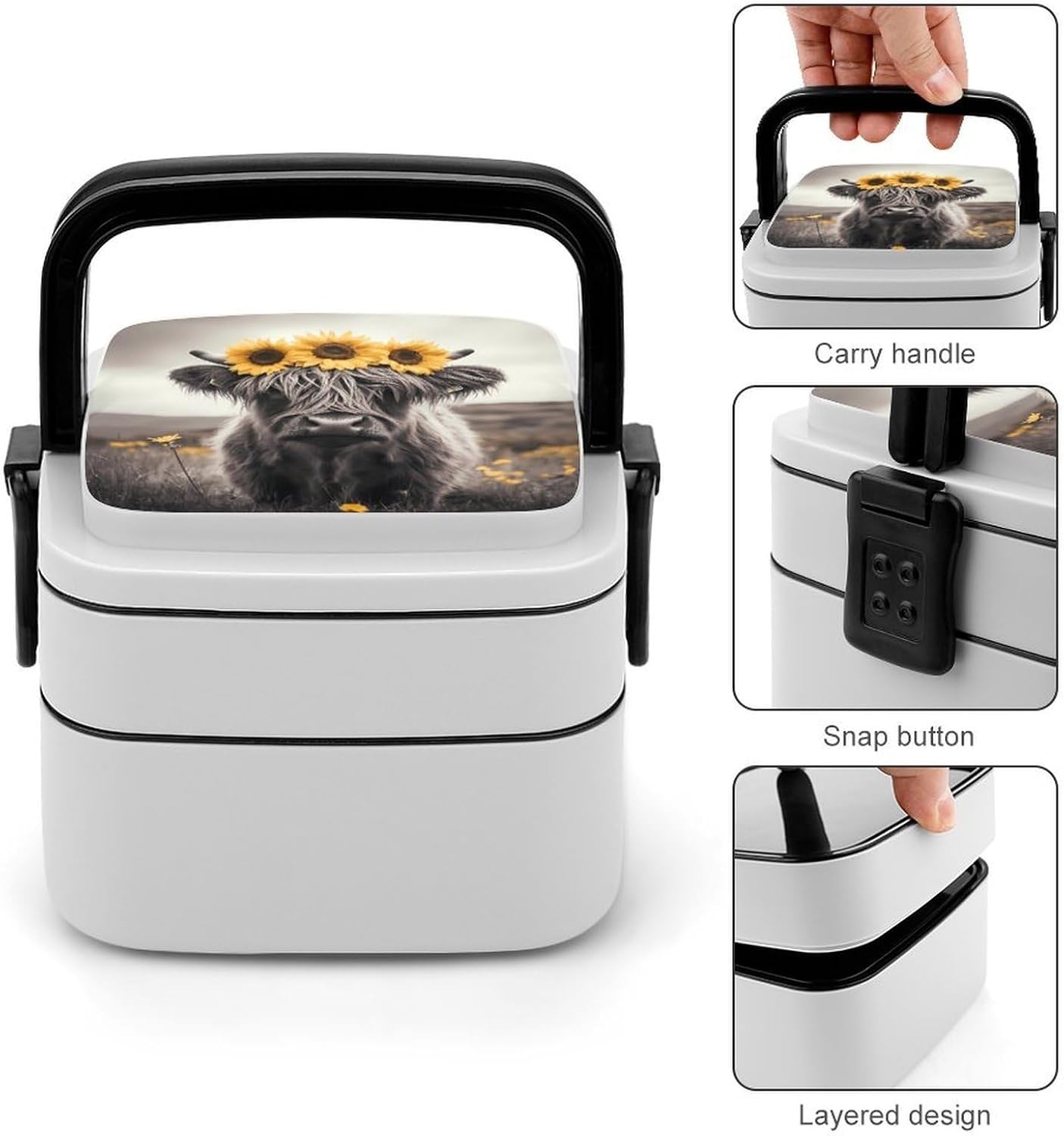 Highland Cow Black And White Bento Box with Spoon 2 Layer Food Container Cute Lunch Box for Travel Dining Work