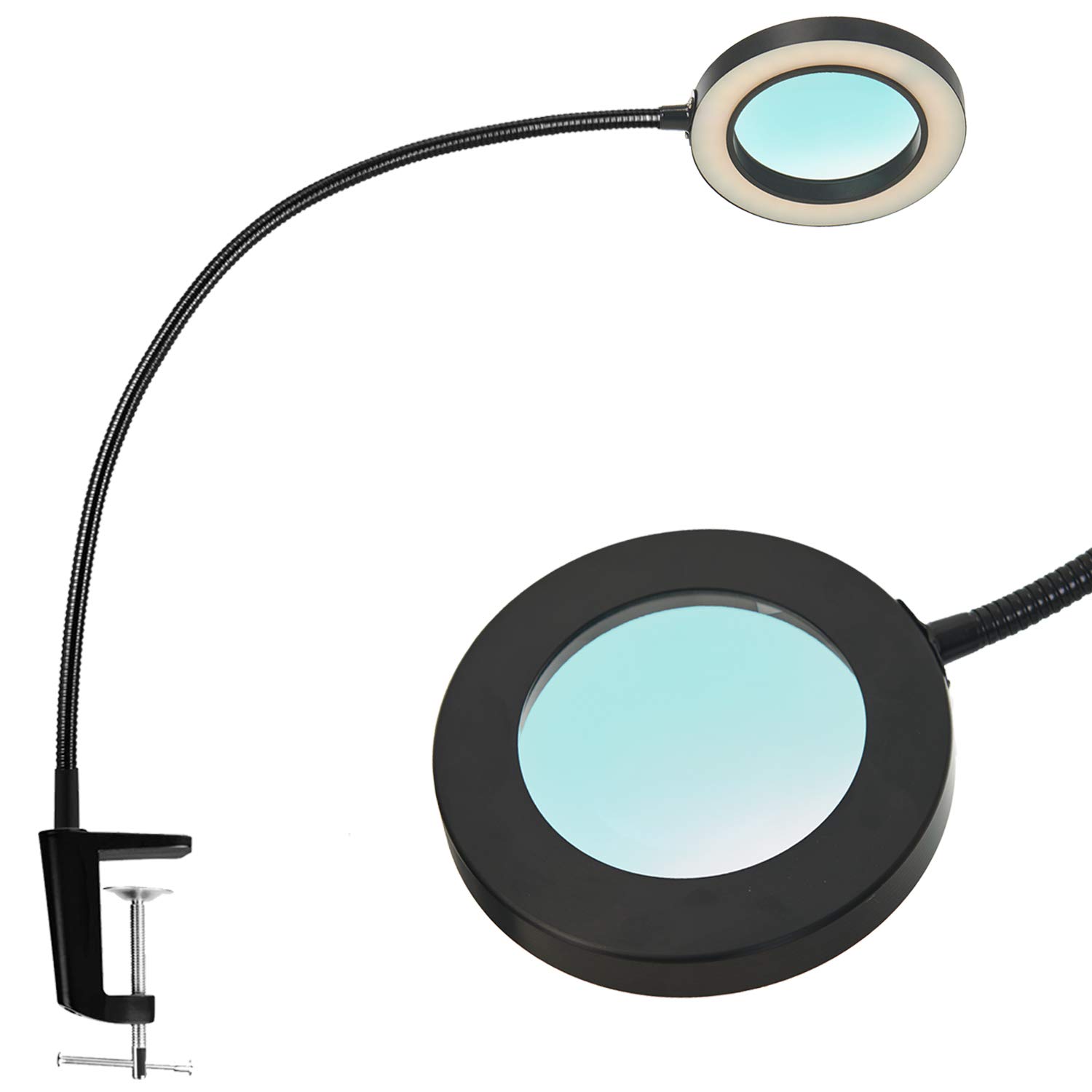 PSIVENLED Magnifying Lamp with Clamp, Dimmable Magnifying Glass Desk Lamp with 19.7'' Gooseneck (3 Color Modes, 10W, 4.1' Glass Lens, 5 Diopter) Adjustable LED Light for Close Work, Reading, Crafts