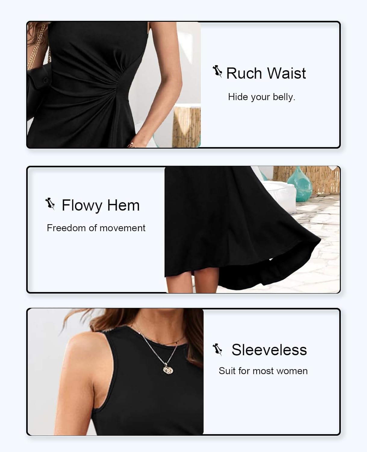 UONBOX Women's Sleeveless Dress Ruched Waist Asymmetrical High-Low A Line Flowy Bodycon Midi Party Cocktail Dress - Image 4