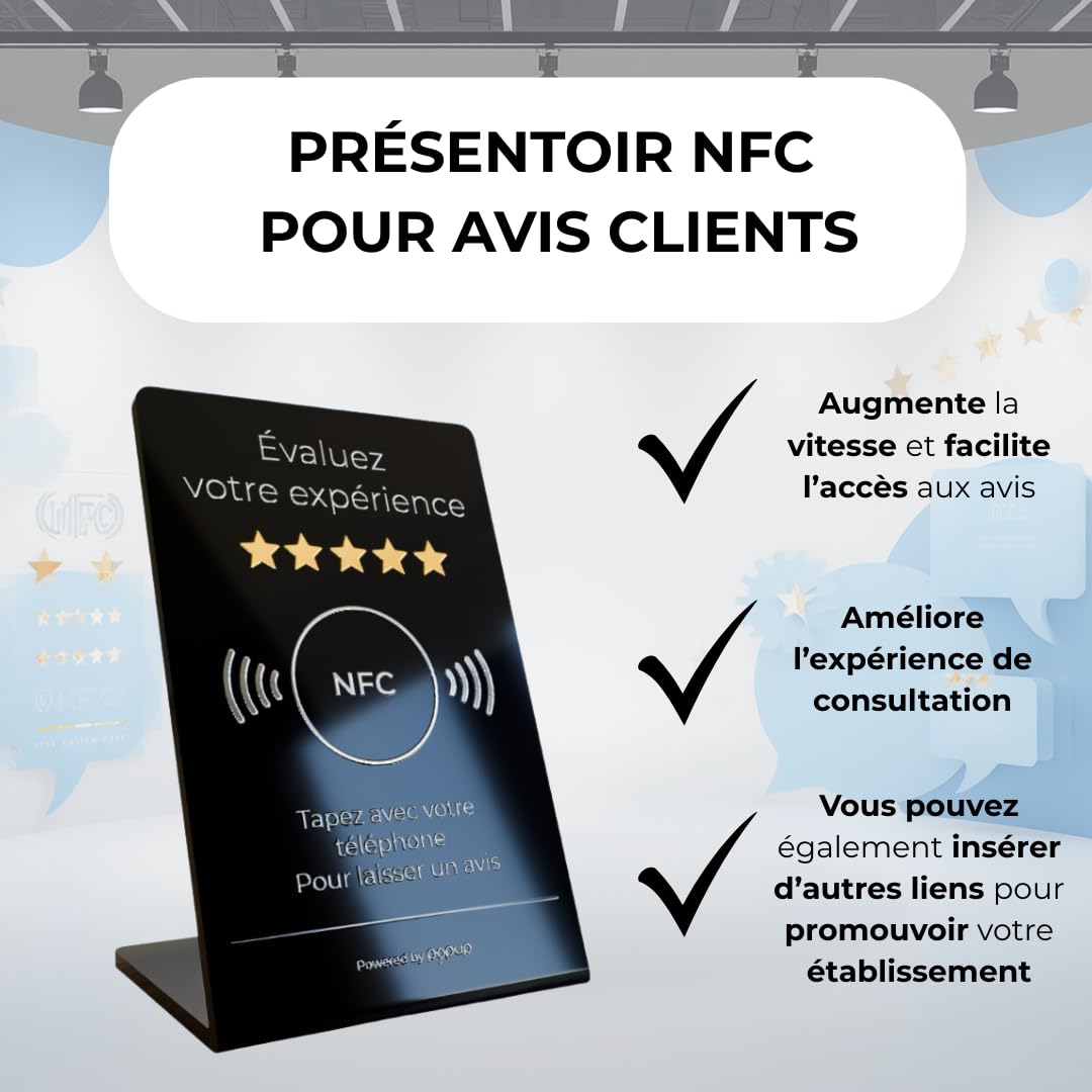 popup Présentoir pour avis NFC L 20 x 15 cm en PVC pour augmenter les avis sur Google, TripAdvisor, Trustpilot et plus | Compatible avec Android et IOS| (Couleur noire, L)