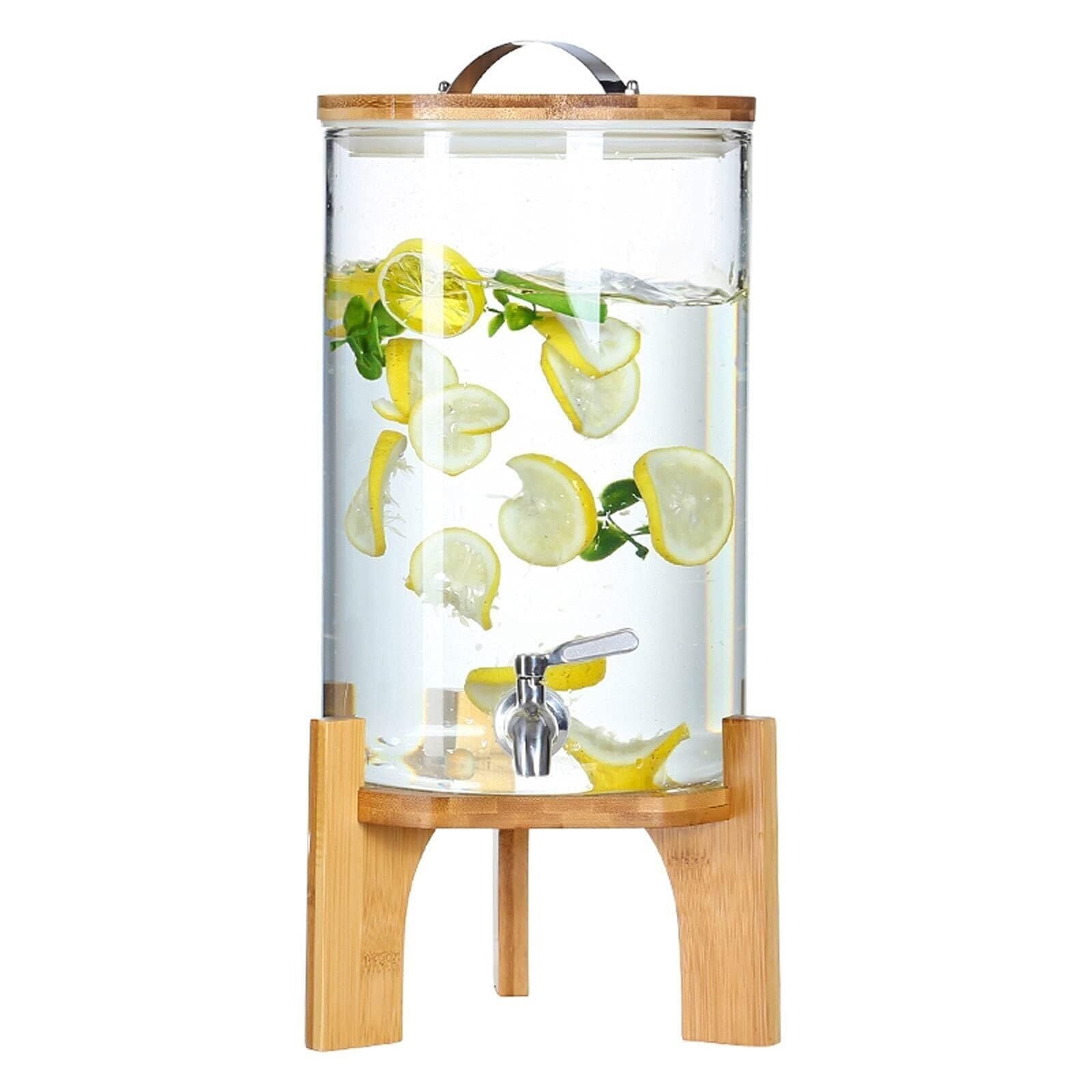 HCZKIUJY Leak Proof Glass Beverage Dispenser with Stainless Steel Spigot, Bamboo and Wooden Stand, 8L Capacity Barrel Juice Dispenser (5L)