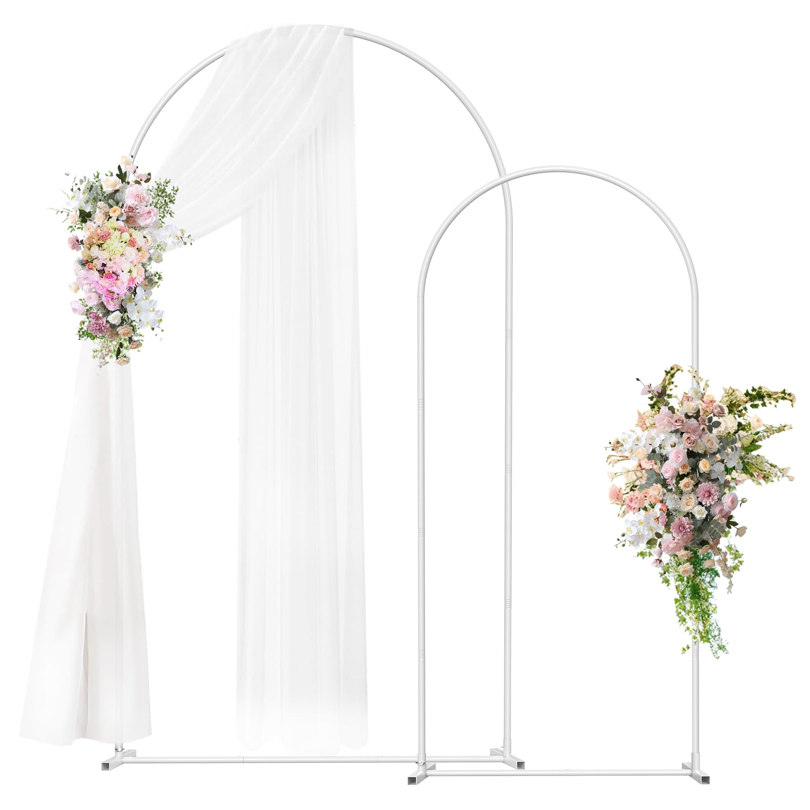 Wedding Arch Backdrop Stand Set of 2 (7.3FT & 6FT), Metal Balloon Arch Frame for Ceremony, Baby Shower, Birthday, Graduation, Indoor Outdoor Party Decoration (White)