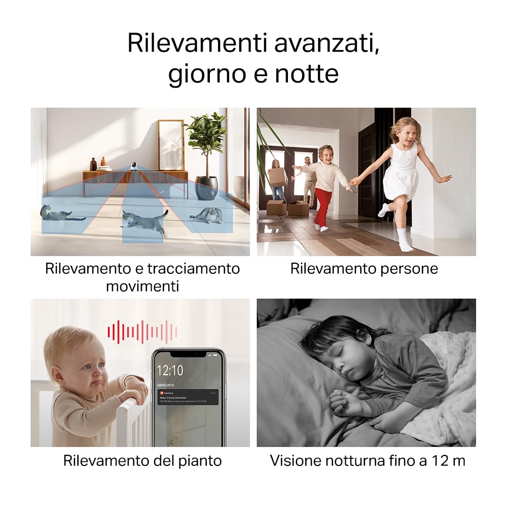 MERCUSYS MC200 Telecamera Wi-Fi Interno FHD, Videocamera Sorveglianza 360°, Visione Notturna, Audio a 2 Vie, Rilevamento di Movimento/Notifiche/Allarme, ZonaPrivacy, Supporta microSD fino a 512 GB