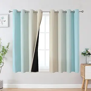 Estelar Textiler Aqua and Beige Ombre Blackout Curtains 45 Inch Length, Light Blocking Gradient Drapes for Kitchen, Thermal Insulated Grommet Curtains for Bathroom,52Wx45L,2 Panels