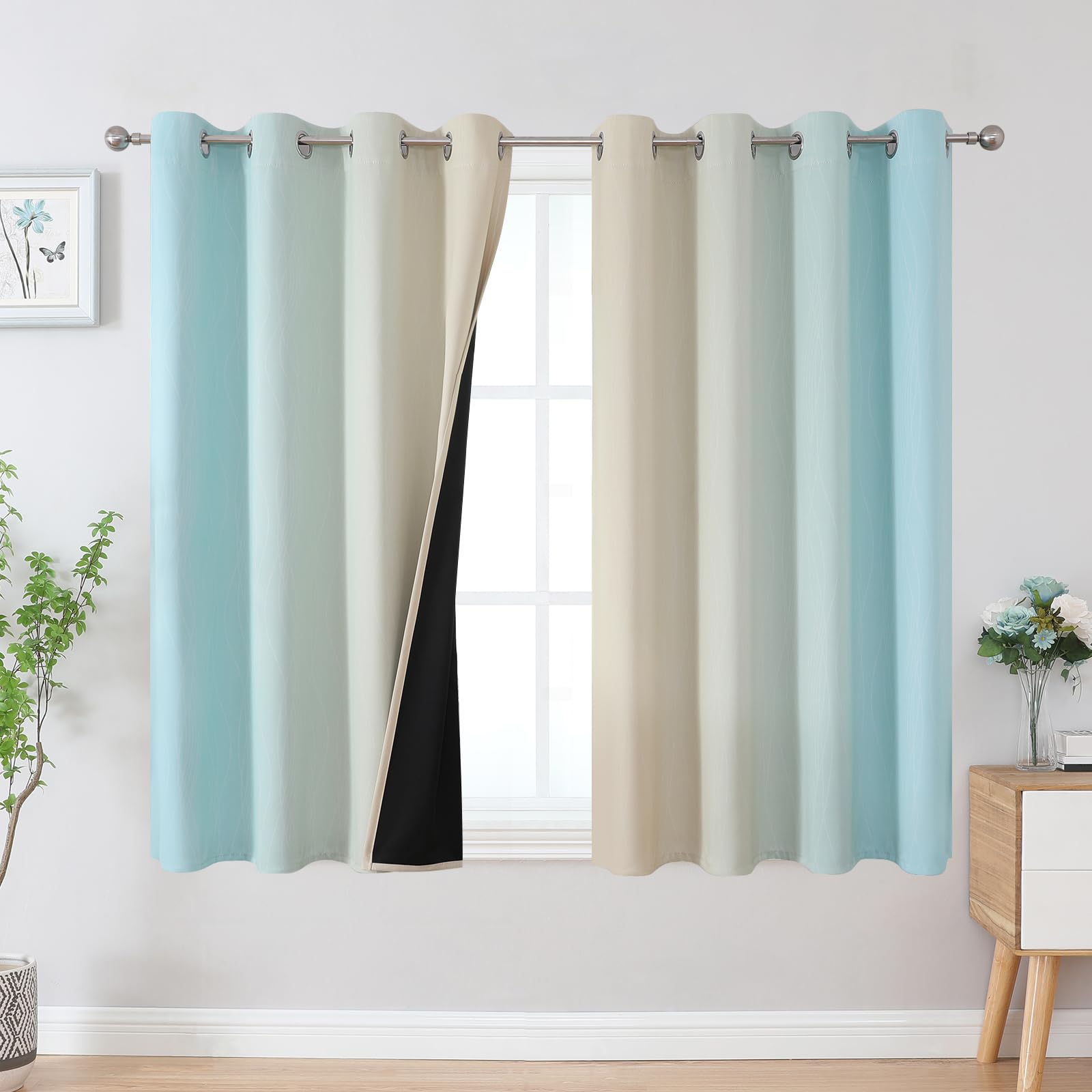 Estelar Textiler Aqua and Beige Blackout Curtains 54 Inch Length, Light Blocking Gradient Grommet Drapes for Living Room, Thermal Insulated Ombre