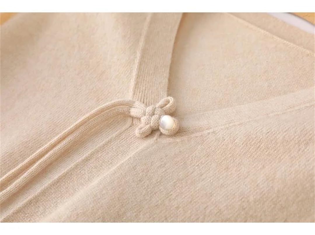 Abito da donna in maglia di lana con scollo a V ampio abbottonato manica midi abito caldo autunno inverno, beige-XL