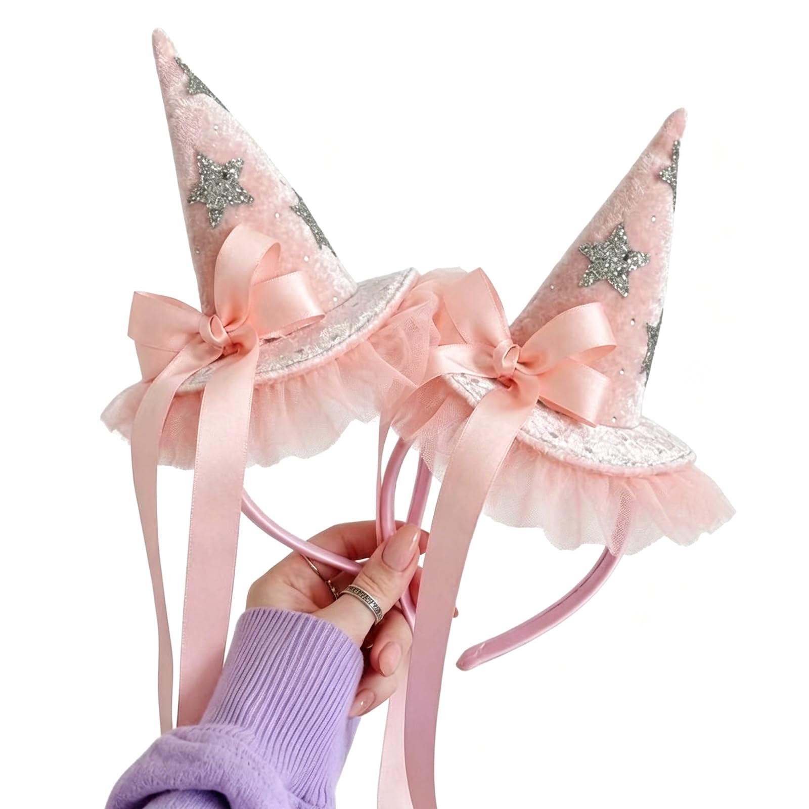 Shewant Girls Pink Velvet MiniWitch Hat Headband Glitter Stars, Halloween Fancy Dress Hair Accessories Princess Witch Costume Hairbands Birthday Party