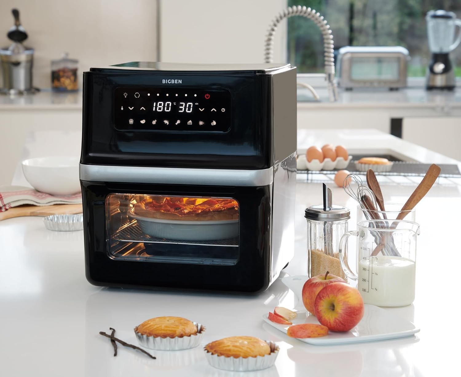 Freidora de aire BIGBEN XXL, 12 L, 1700 W, con ventilador, compacta, pantalla LCD, 8 programas, asador giratorio, cesta giratoria para freír, función para mantener caliente y accesorios incluidos, col