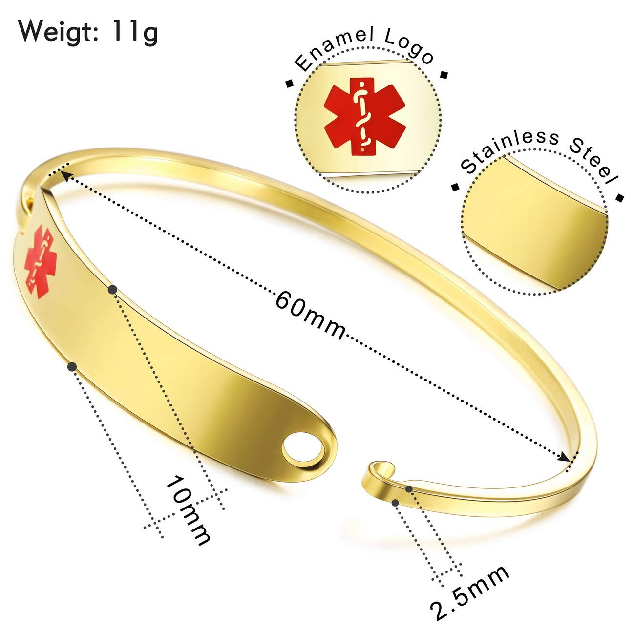 MOWOM Medical Alert Cuff Bangles Bracelet Customized Engraving Stainless Steel Personalized Name ID Identification Allergy Emergency (Gold Color, 60mm Diameter, 8mm Width)