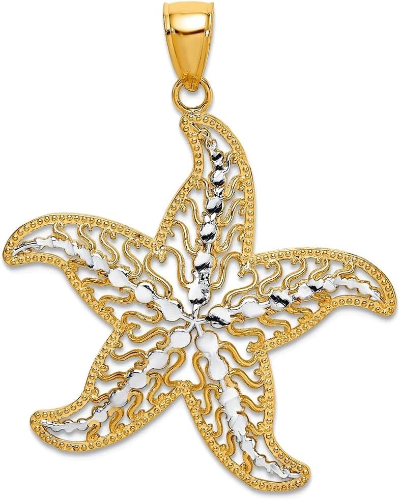 JewelryWeb 32mm 14k Two-tone Gold Sea shell Nautical Starfish With White Center Cut-out Filigree Charm Pendant Necklace for Women