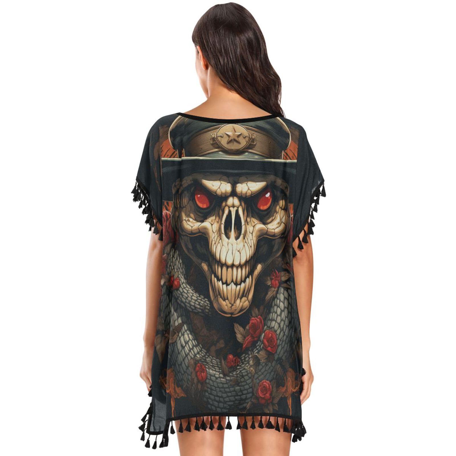 KAAVIYO Black Skull Snake Rose Women's Beach Cover Up Chiffon Tassel Swimwear Swimsuit Coverups for Girl