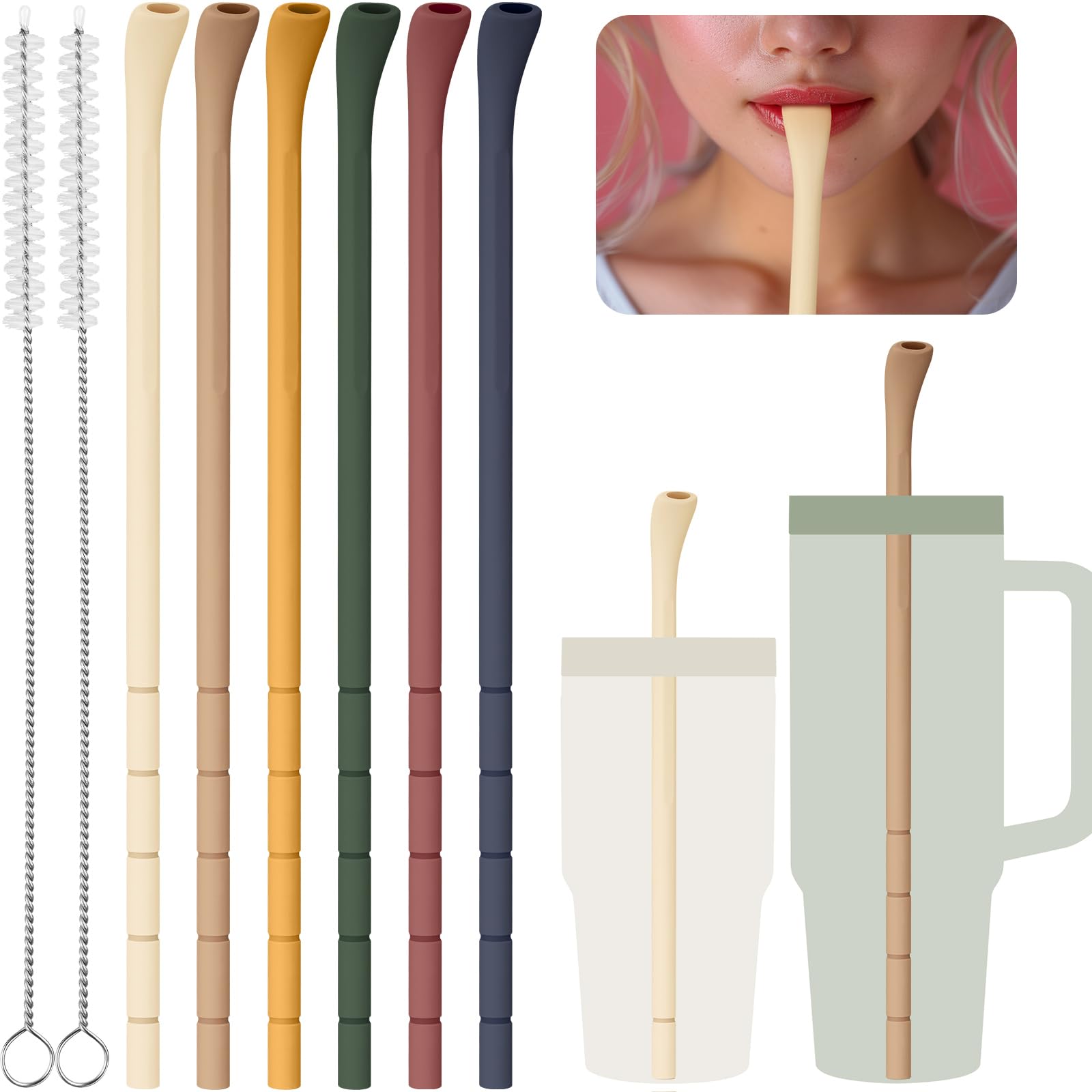 NiHome 6PCS Silicone Anti-Wrinkle Straws Fit for 40oz 30oz Stanley Tumblers w/Brushes, Customizable Length Wrinkle Free Straws for Various Size Cups, No Wrinkle Reusable Straws for Lip (Vintage)
