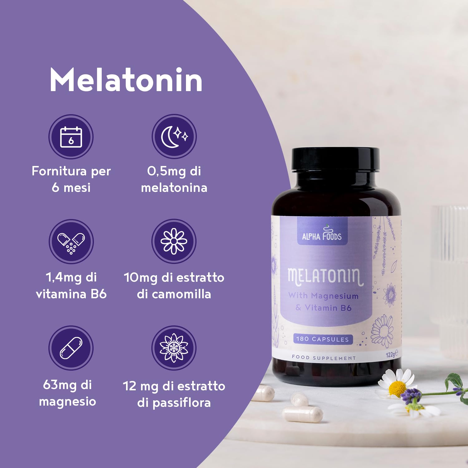 Melatonina 0,5 mg | 180 Capsule | Integratore Sonno con Magnesio, L-Triptofano, Passiflora, Lavanda, Camomilla e Vitamina B6 | per dormire e Jet Lag | Favorisce il Rilassamento | Alpha Foods