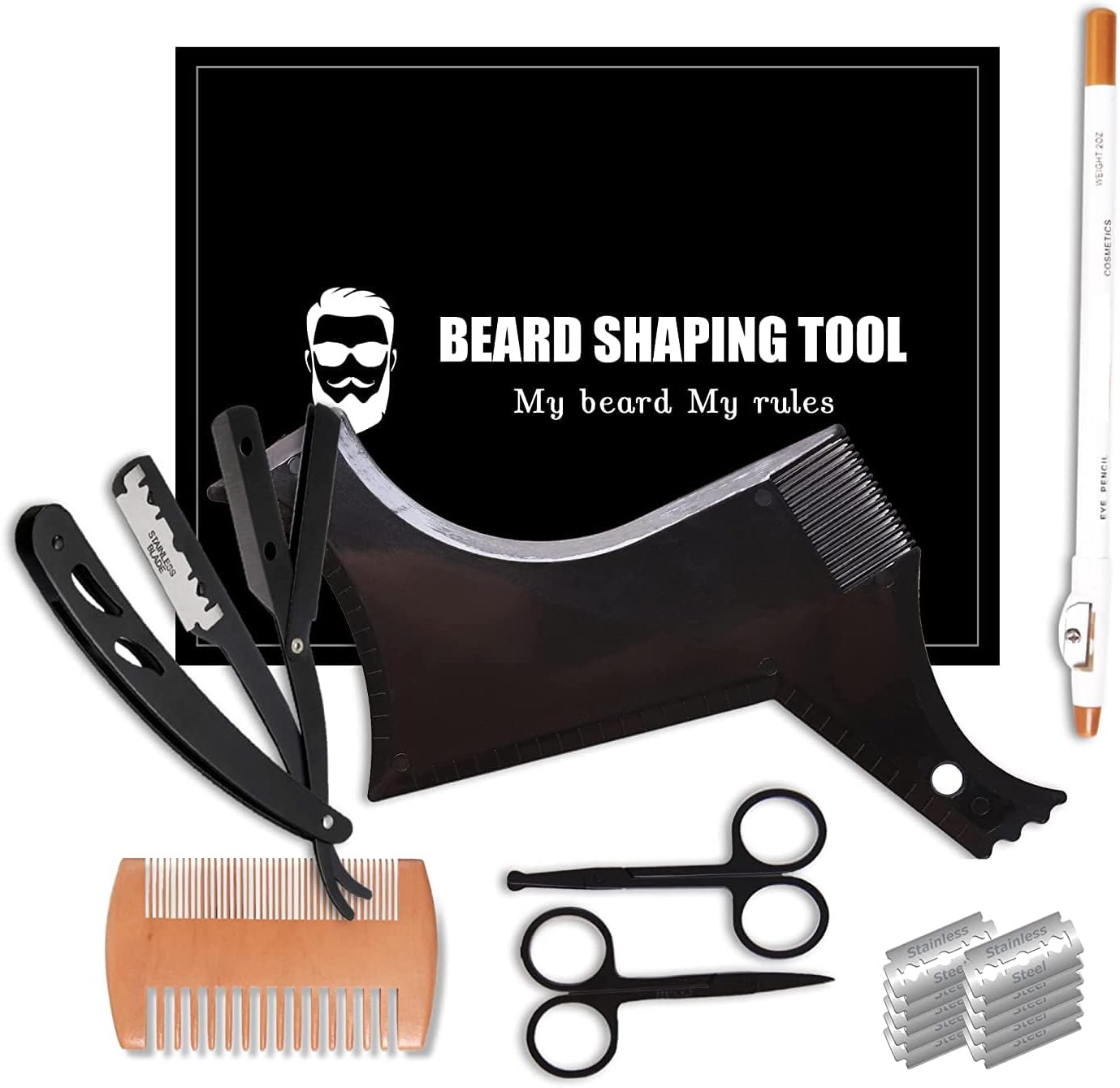 CUKBLESS Beard Shaper - Beard Shaping Tools - Include Beard Template Guide, Professional Straight Edge Razor, 10 Count of Double Edge Blade, Barber Pencil, Beard Comb, 2 Stainless Steel Scissors
