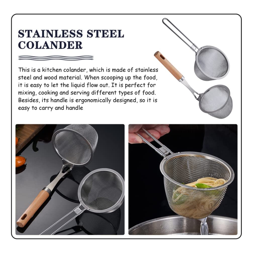 2 coladores de acero inoxidable: colador de malla fina con mango, cucharón para cocinar y freír, colador de metal, fideos espaguetis (plateado)