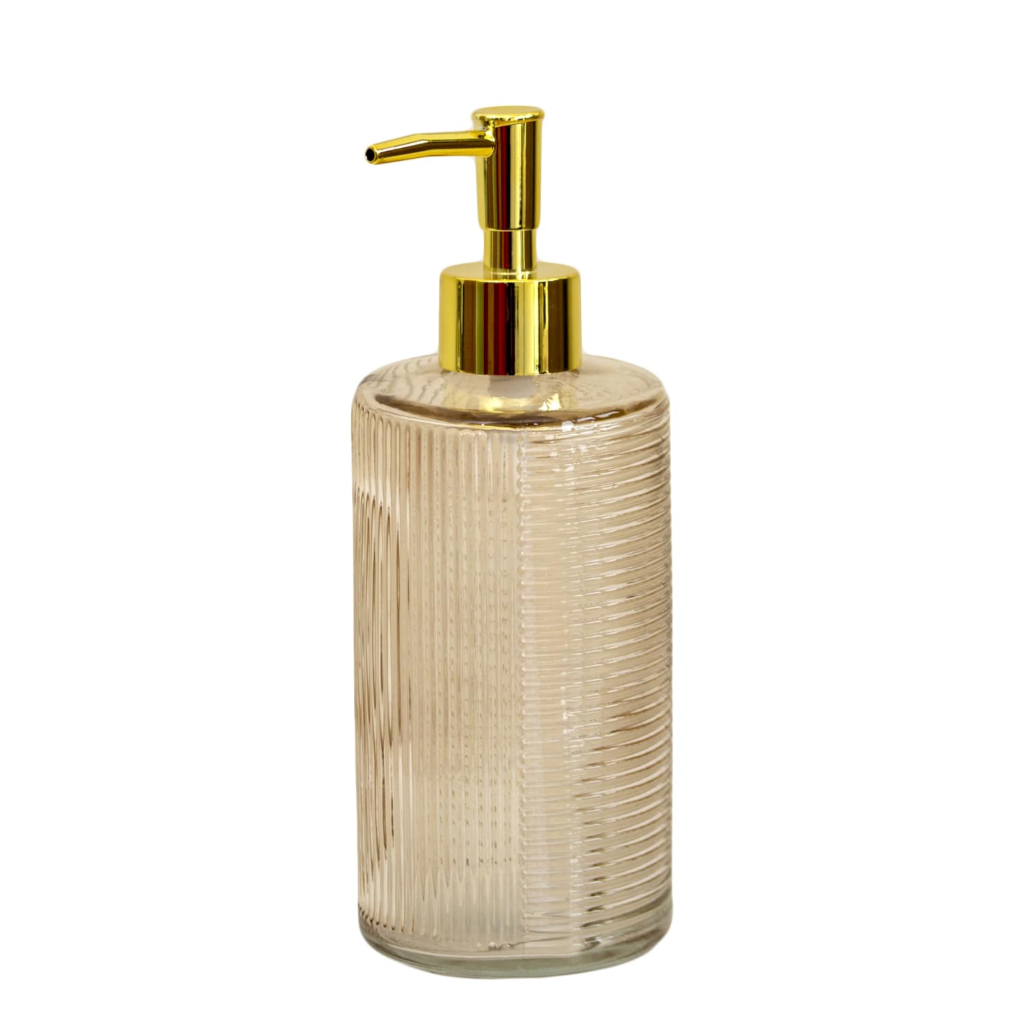 Tall Ribbed Glass Soap Dispenser 500ml Gold Pump Liquid Lotion Bathroom Holder (1, Beige)