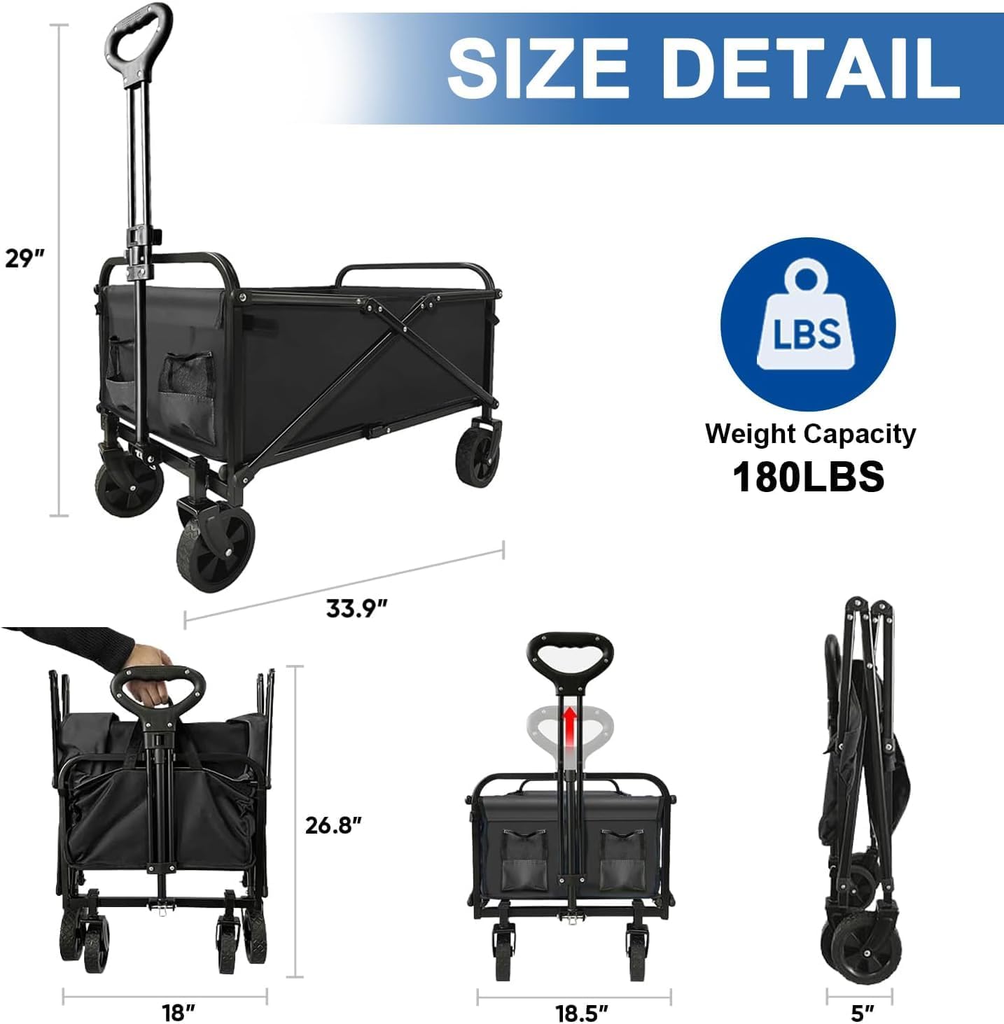 Collapsible Wagon with Quiet Wheels - Silent Grocery Shopping Cart for Seniors, Foldable Utility Cart for Laundry & Apartment, Washable Heavy Duty Rolling Wagon with Two Mesh Pockets, Black