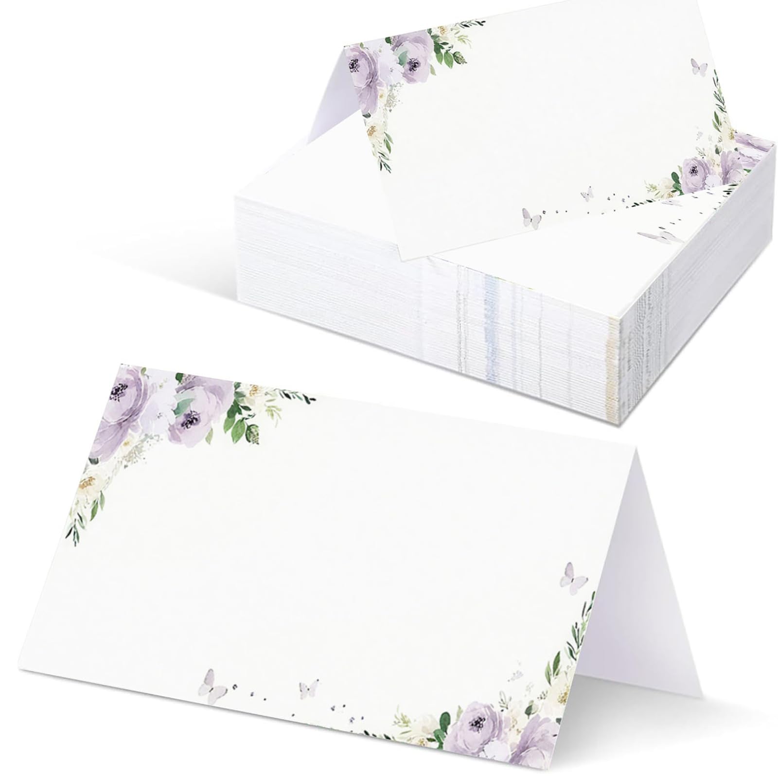 Tazuxetuqe 50 Pieces Floral Butterfly Place Cards 5 x 9cm Watercolor Purple Flower Tent Tags Table Name Labels For Party Banquet Reception Desk Decoration