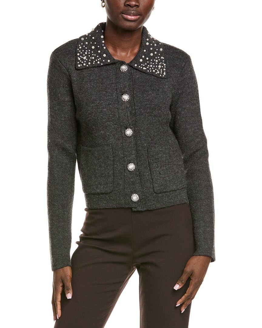 endless rose Womens Pearl-Embellished Collar Cardigan S Grey