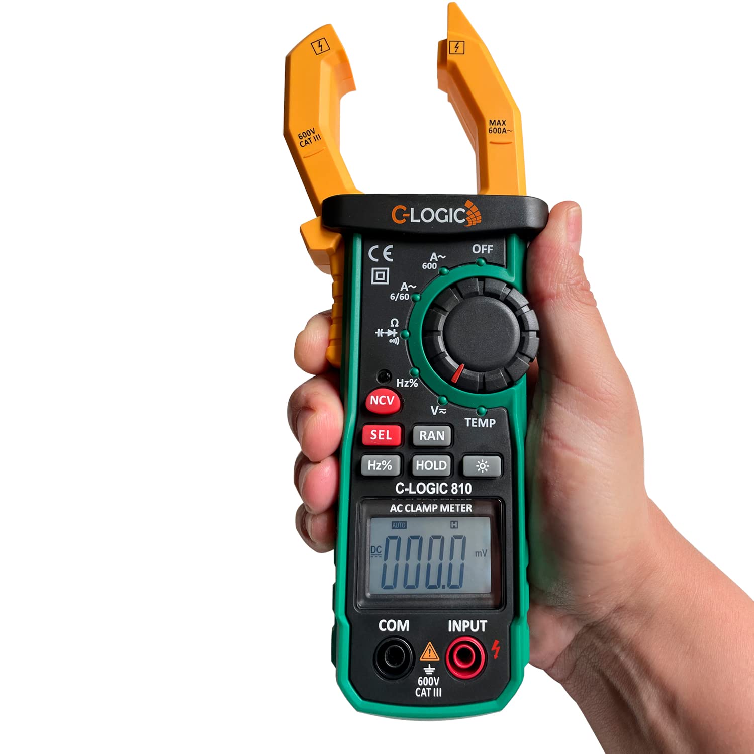 C-LOGIC 810 Pinza Amperimétrica Digital Profesional 6000 Cuentas NCV y Luz de Trabajo Tensión AC/DC 600V Corriente AC 600A Resistencia Capacitancia Frecuencia Temperatura Apertura 26mm. CAT III
