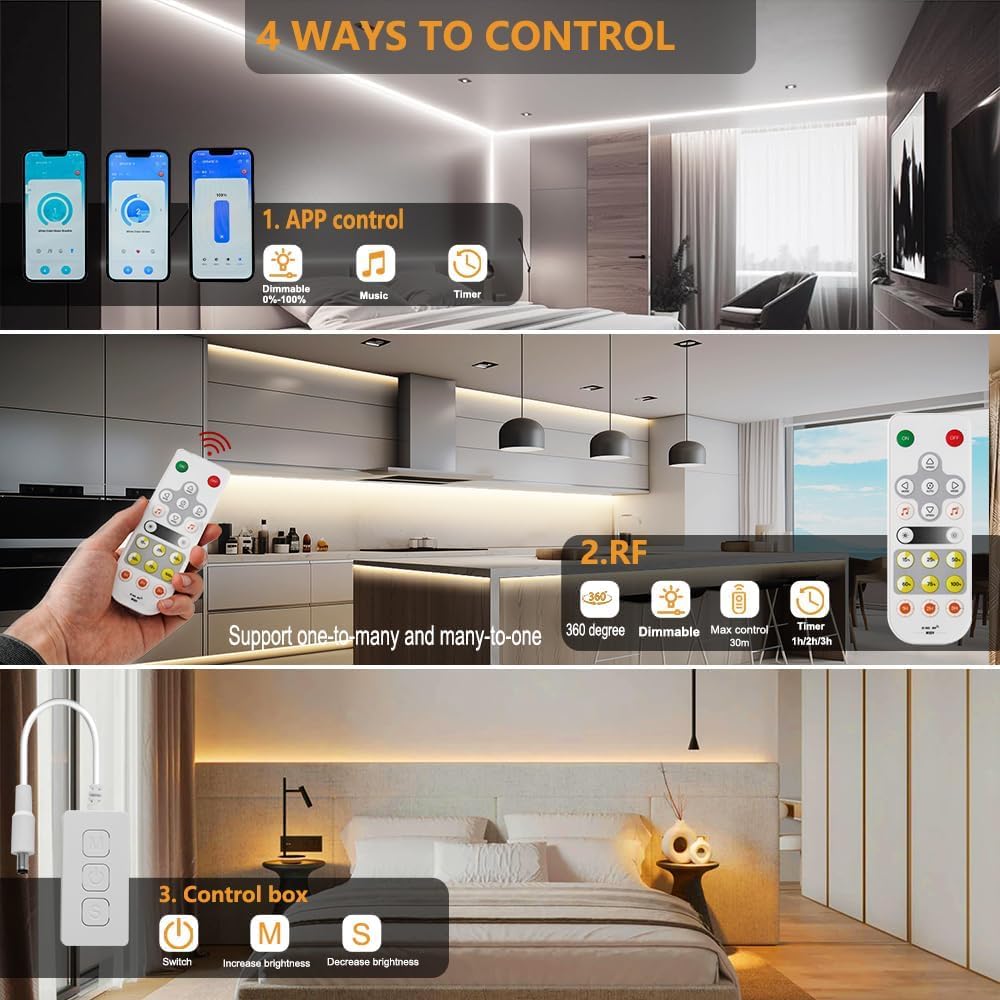 RYE 24V COB LED Strip Kit,4000k Nature White Dimmable Tape Light with RF Remote Control/Smart App,Support Alexa Control,Under Cabinet Bedroom Kitchen TV Mirror DIY Lighting,5M*480LEDs/M,CRI90+ - Image 2