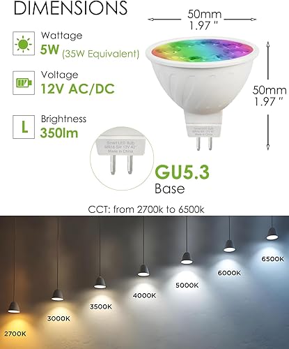 Miniatura 7 de Bombillas inteligentes MR16 Alexa, MR16 bombillas LED que cambian de color, compatibles con Alexa Google Assistant, 16 millones de colores RGBCW,