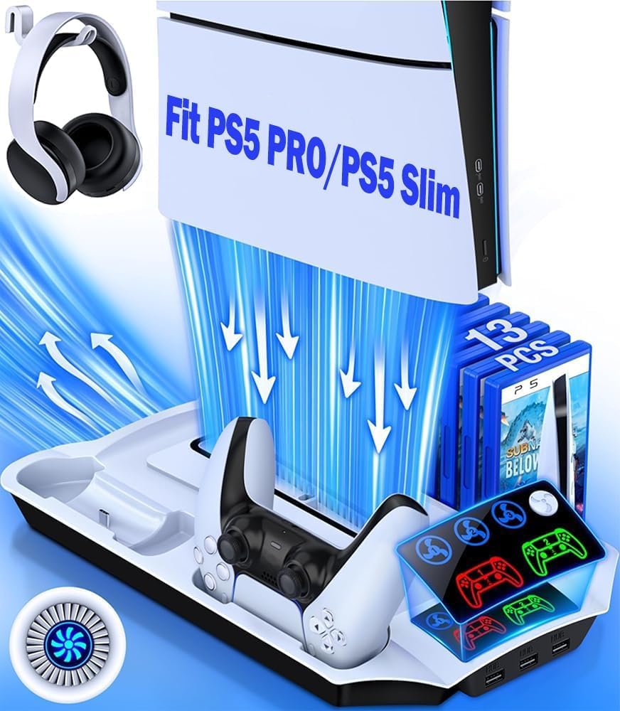 PS5 Slim Stand and Turbo Cooling Station with Controllers Charger Station for Playstation 5 PS5 Pro Console Accessories