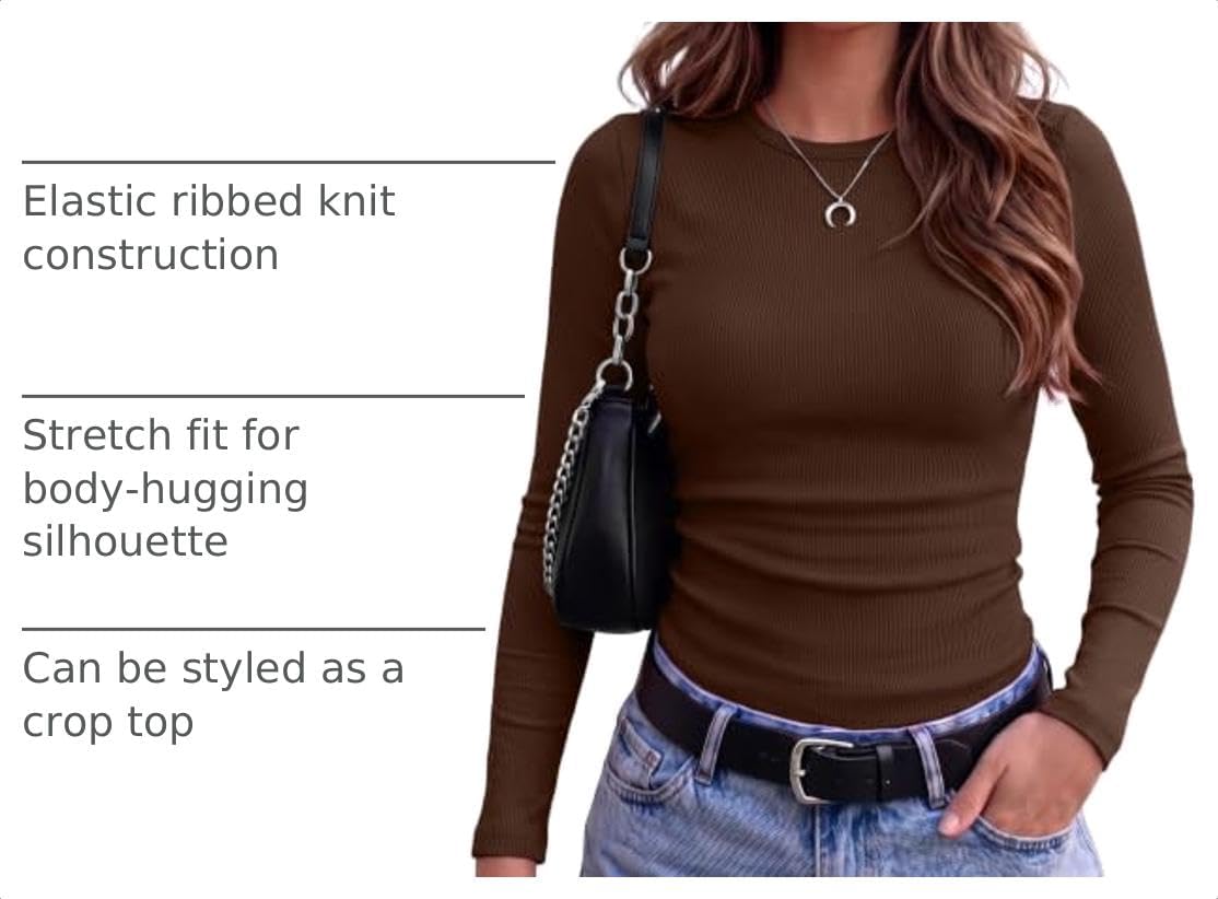  Women Long Sleeve Shirts Ribbed Tops Crewneck Basic Tee thumbnail