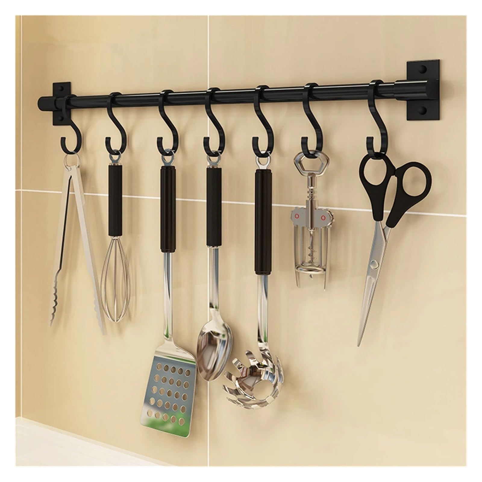 Barra Utensilios Cocina Perchero de cocina con ganchos de pared, sin perforaciones, for colgar utensilios de cocina, cucharas, palas y tablas de cortar.(Black 50CM)