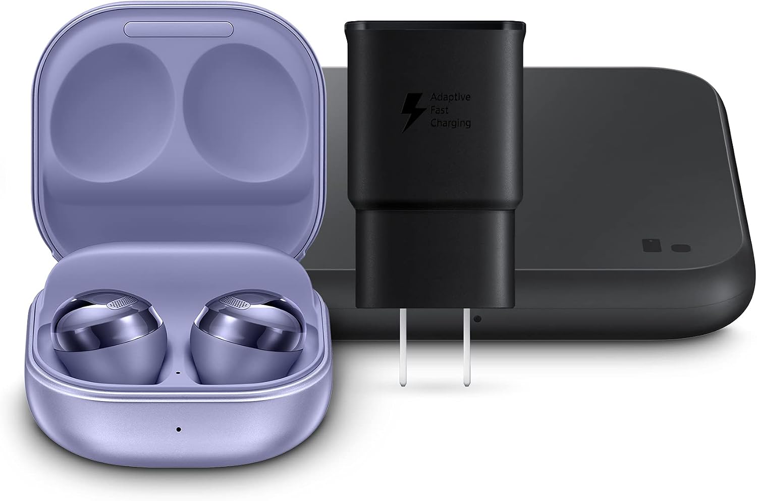 SAMSUNG Galaxy Buds Pro, Bluetooth Earbuds, True Wireless, Noise Cancelling, Charging Case, Quality Sound, Water Resistant, Phantom Violet with Wireless Charger Fast Charge Pad (2021), Black