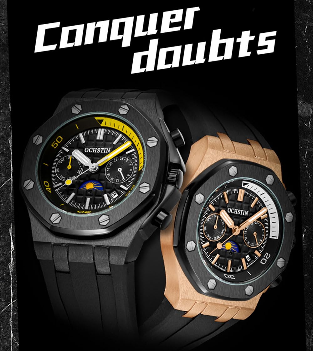 Modische Sportliche Mechanische Uhren Herren-Automatikuhr Mit Mondphase, Wochenkalender, Wasserdicht Tourbillon Armbanduhr, Silikonarmband Und Leuchtzeigern