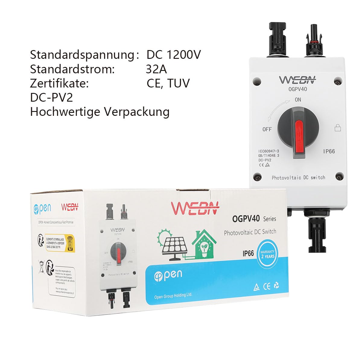 DC Schutzschalter IP66 wasserdicht, 32A, 1200V, Gleichstrom-Trennschalter&Leistungsschalter für Photovoltaik Stringboxen in Solarenergiesystemen…