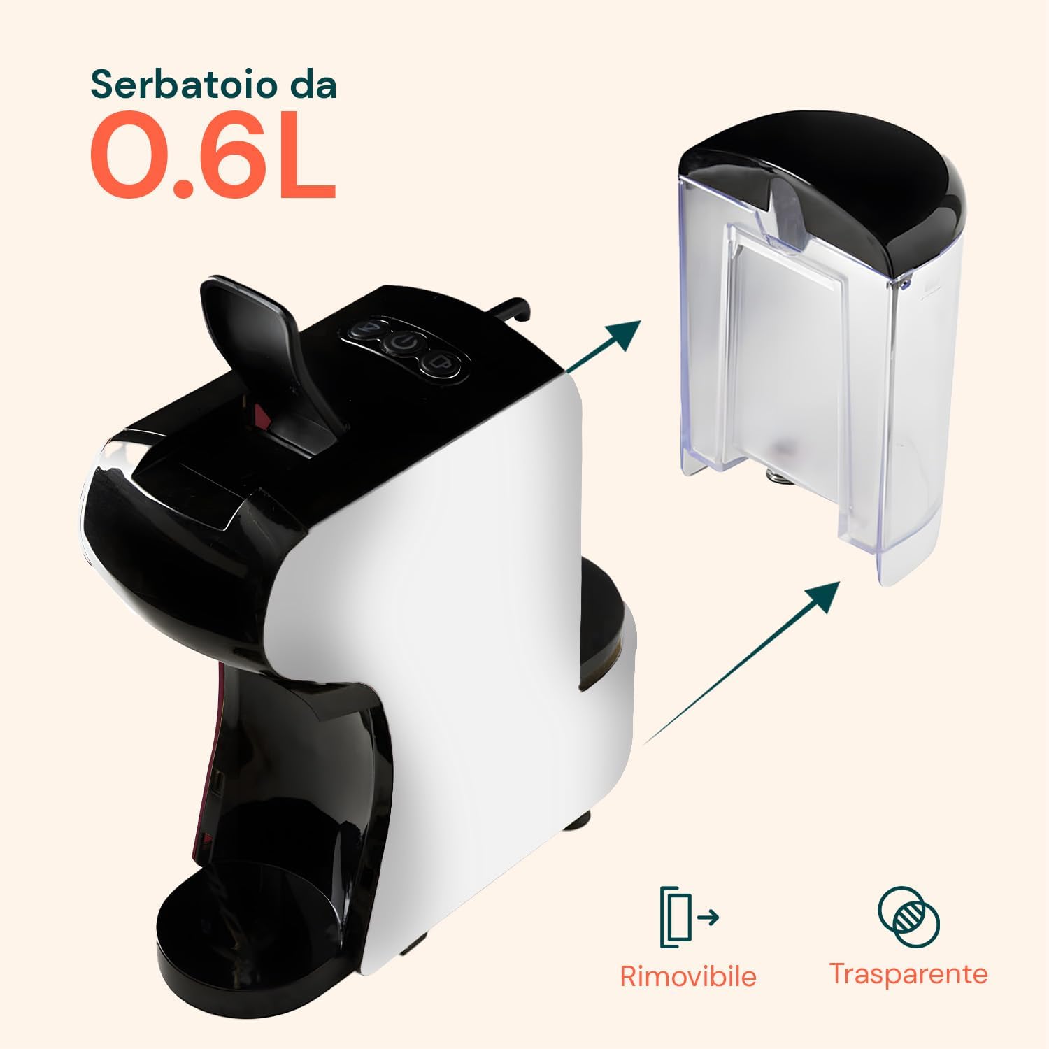Avilia - Macchina Caffè Compatta Grace da 1450W con Arresto Automatico, Selezione Espresso Corto/Lungo, Interruttore ON/OFF e Compatibilità con Capsule e Cialde (Bianco)
