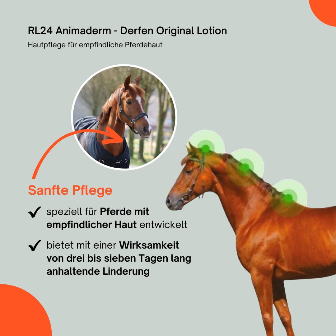 RL24 Animaderm - Derfen Original Lotion – Hautpflege für empfindliche Pferdehaut – Hautlotion für Sommerdermatitis – bei gereizter Haut & Juckreiz – Pferdepflege – 1 x 250 ml