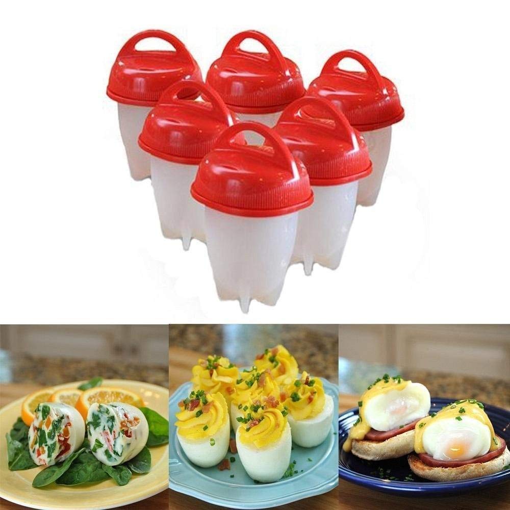 Mezon's Egg Boiler Nonstick Silicone Egg Cooker Without Egg Shell - 6 Pcs - (White & Red)