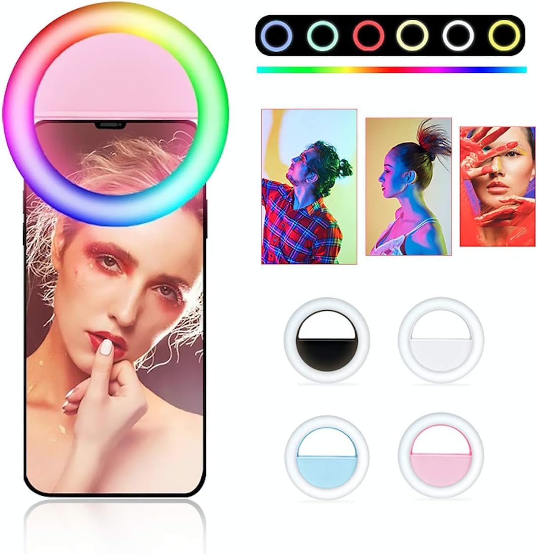 Selfie Ring Light Mini Circle Clip on RGB Multi Color Light for Phone, Laptop, Zoom, Conferencing, Rechargeable Small LED Ringlight for Webcam, Computer, Conference Lighting, Recording, Photography